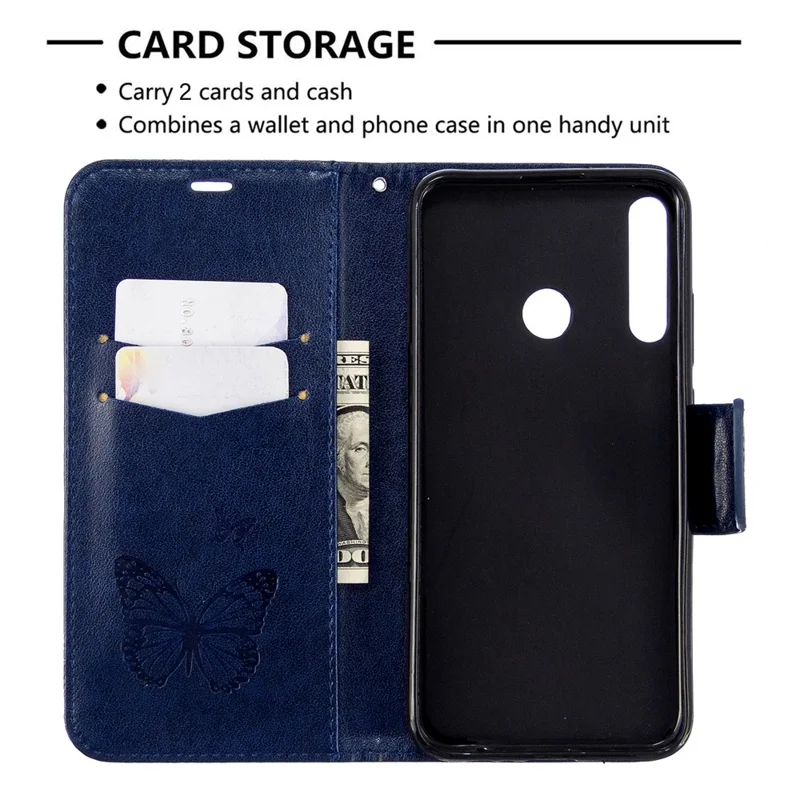Imprint Butterfly Leather Wallet Case for Huawei P40 Lite E / Y7p - Blue
