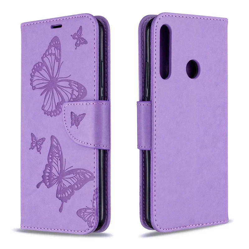 Imprint Butterfly Leather Wallet Case for Huawei P40 Lite E / Y7p - Purple