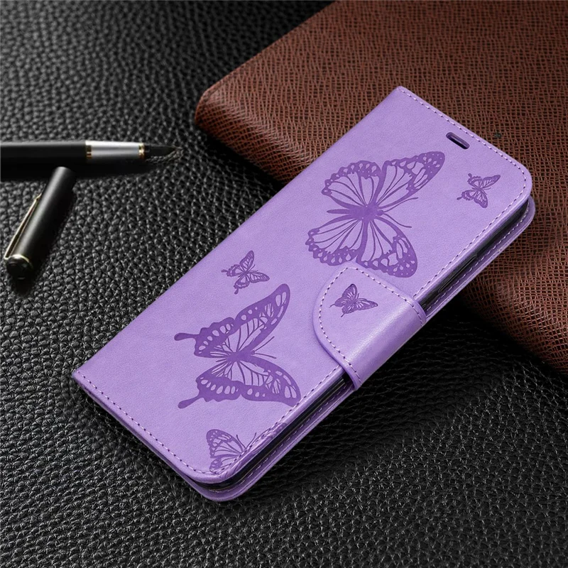Imprint Butterfly Leather Wallet Case for Huawei P40 Lite E / Y7p - Purple