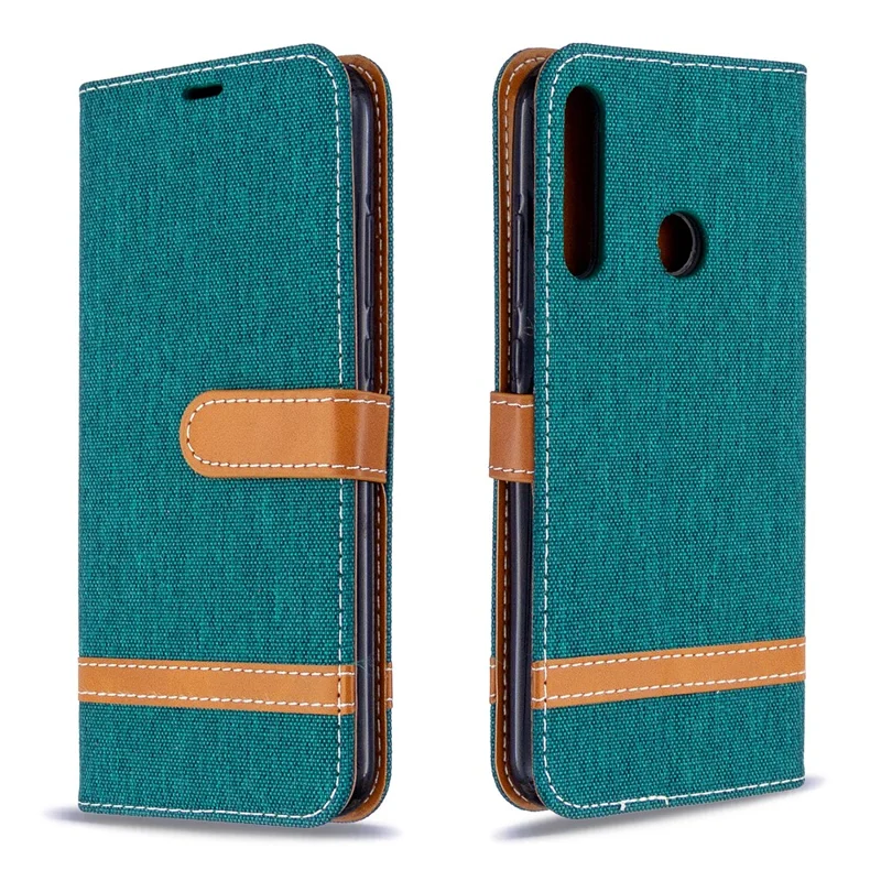 Assorted Color Jeans Cloth Leather Wallet Stand Case for Huawei P40 lite E / Y7p - Green
