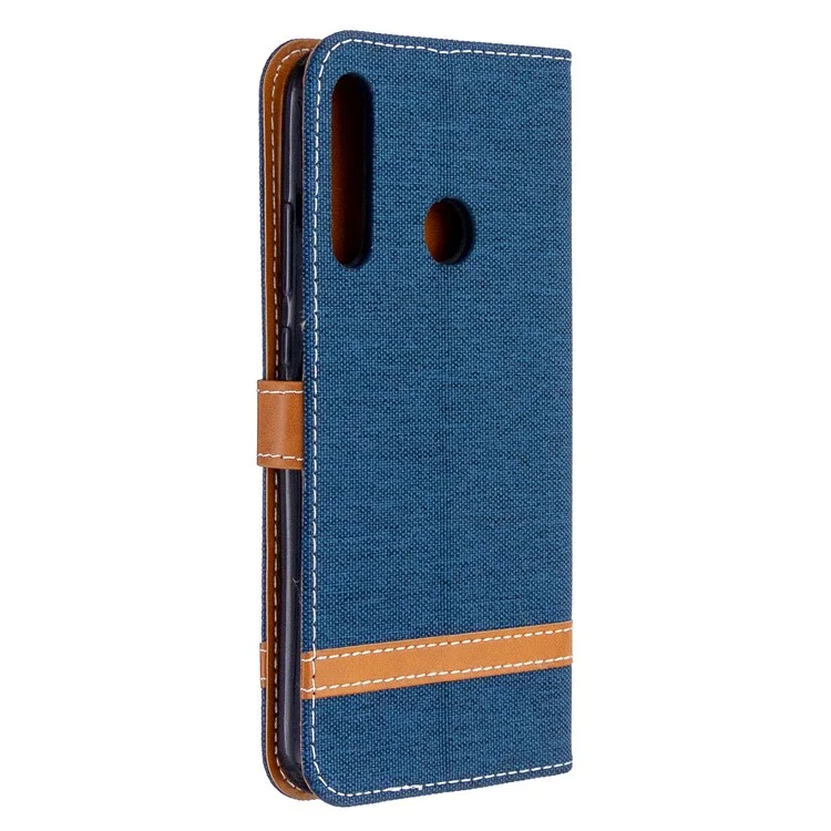 Assorted Color Jeans Cloth Leather Wallet Stand Case for Huawei P40 lite E / Y7p - Dark Blue