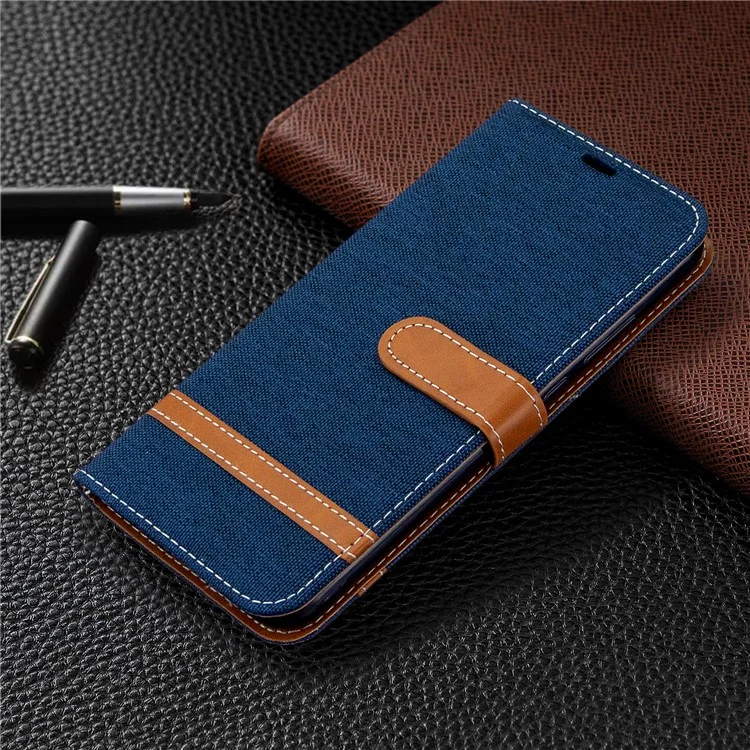 Assorted Color Jeans Cloth Leather Wallet Stand Case for Huawei P40 lite E / Y7p - Dark Blue