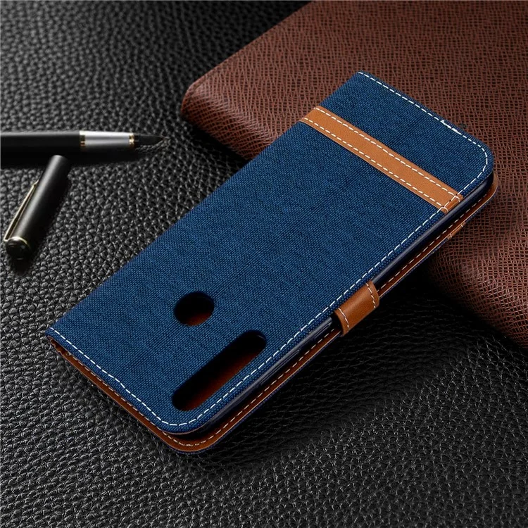 Assorted Color Jeans Cloth Leather Wallet Stand Case for Huawei P40 lite E / Y7p - Dark Blue