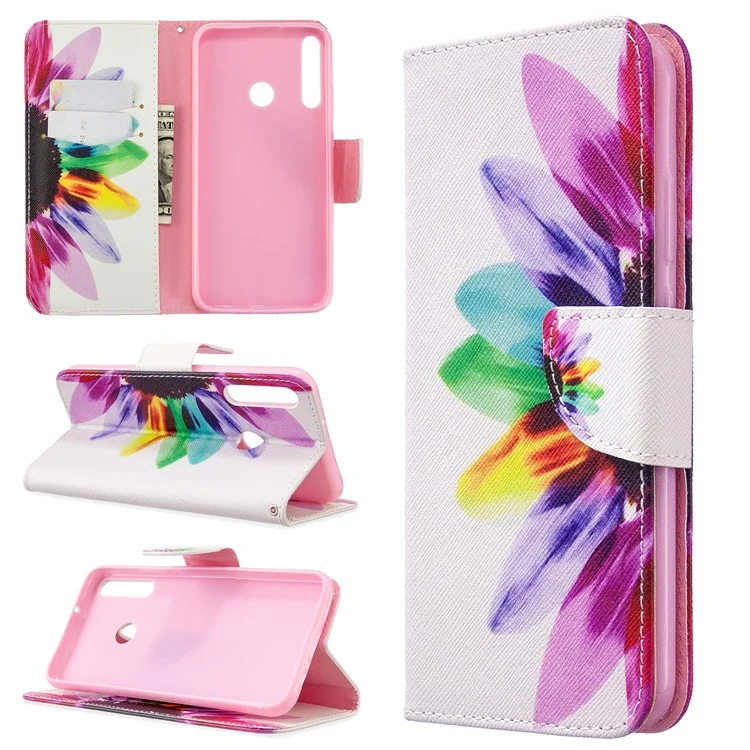 Pattern Printing Leather Wallet Shell for Huawei P40 Lite E / Y7p - Flower