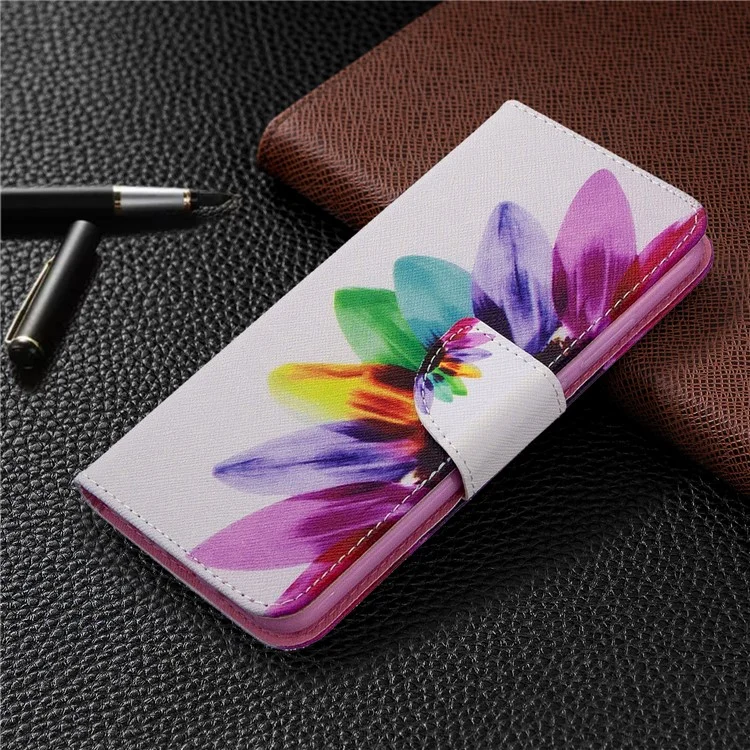 Casca de Carteira de Couro de Impressão de Padrões Para Huawei P40 Lite E / Y7p - Flor