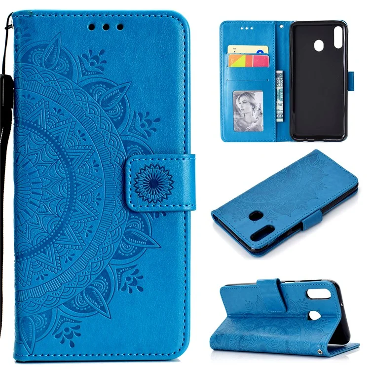 Imprint Flower Leather Wallet Stand Case for Huawei P40 lite E / Y7p - Blue