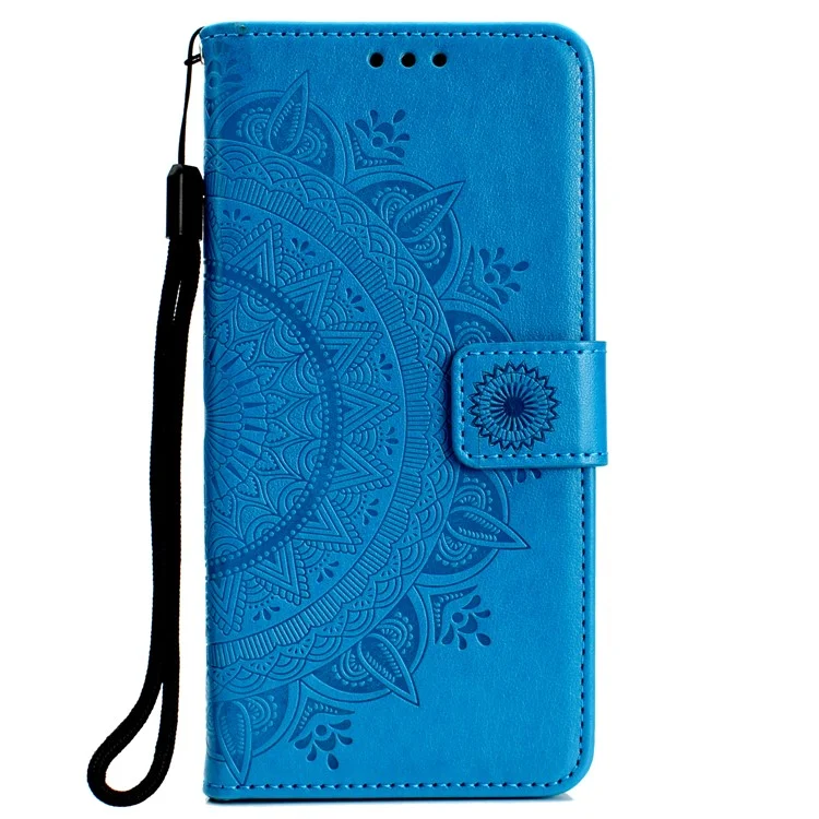 Imprint Flower Leather Wallet Stand Case for Huawei P40 lite E / Y7p - Blue