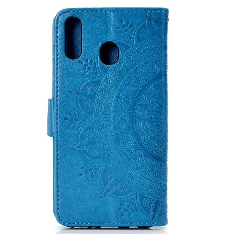 Imprint Flower Leather Wallet Stand Case for Huawei P40 lite E / Y7p - Blue