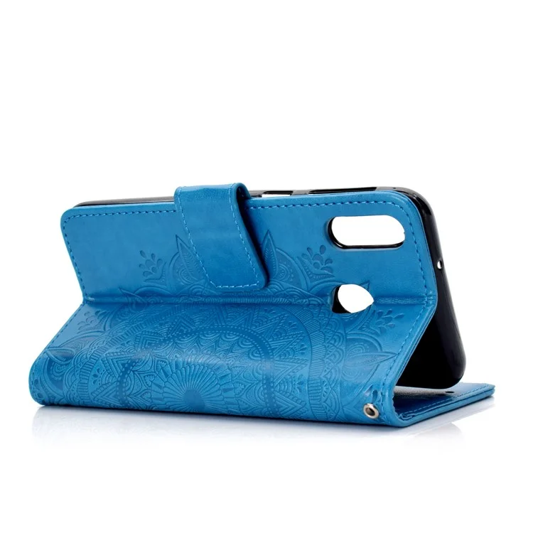 Imprint Flower Leather Wallet Stand Case for Huawei P40 lite E / Y7p - Blue