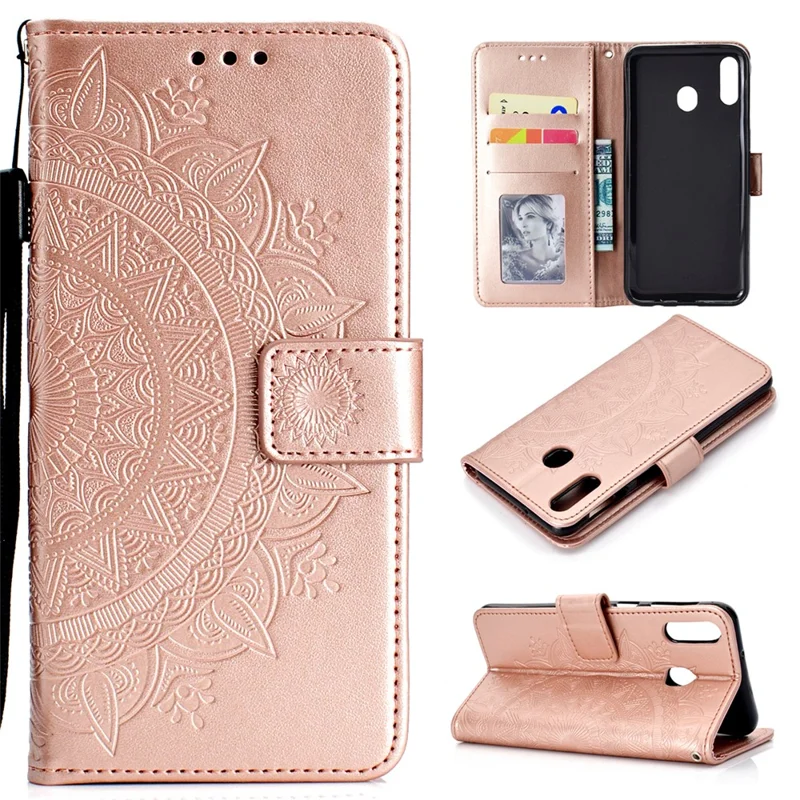 Imprint Flower Leather Wallet Stand Case for Huawei P40 lite E / Y7p - Rose Gold