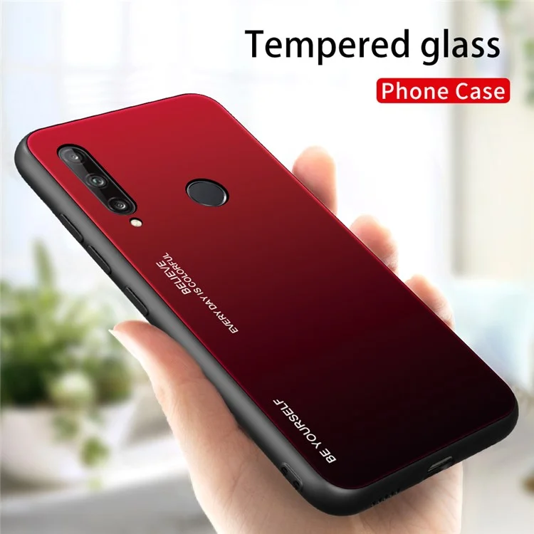 Gradient Color Tempered Glass + PC + TPU Phone Case Shell for Huawei P40 lite E/Y7p/Honor 9C - Red / Black