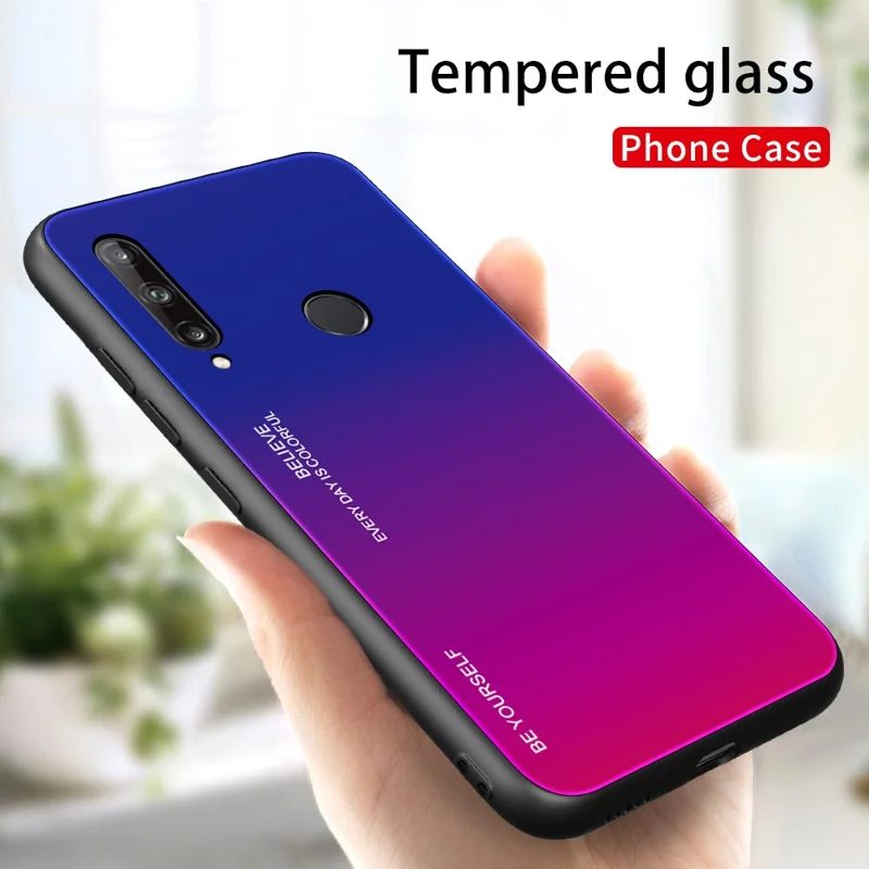 Gradient Color Tempered Glass + PC + TPU Phone Case Shell for Huawei P40 lite E/Y7p/Honor 9C - Dark Blue / Rose