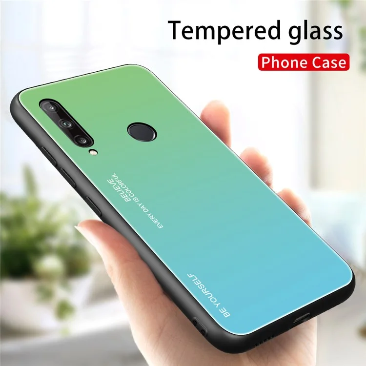 Gradient Color Tempered Glass + PC + TPU Phone Case Shell for Huawei P40 lite E/Y7p/Honor 9C - Cyan / Blue