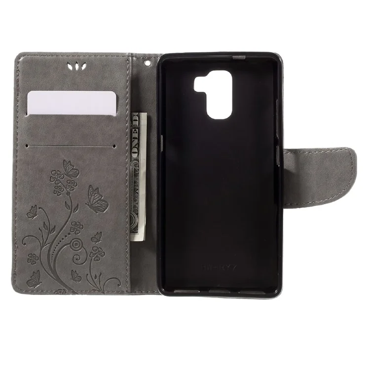 Imprint Butterfly Flower Leather Wallet Cover for Huawei Honor 7 / 7 Premium - Grey