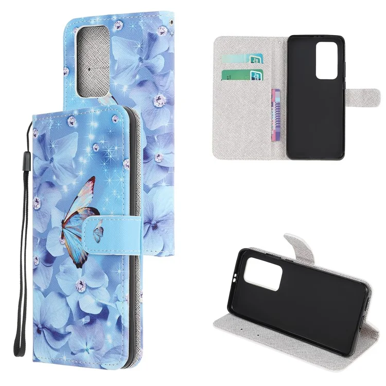 Cross Texture Pattern Printing Leather Wallet Cover with Strap for Huawei P40 - Butterfly and Flower