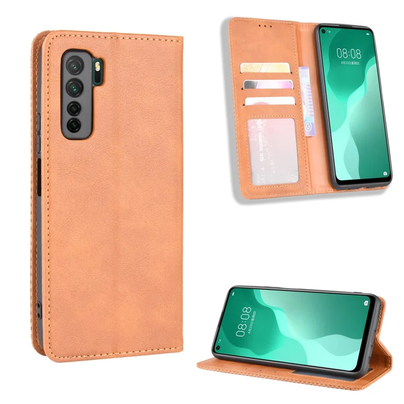 Custodia Protettiva Flip in Pelle Retro Autosimilato per Huawei nova 7 SE/P40 lite 5G - Marrone