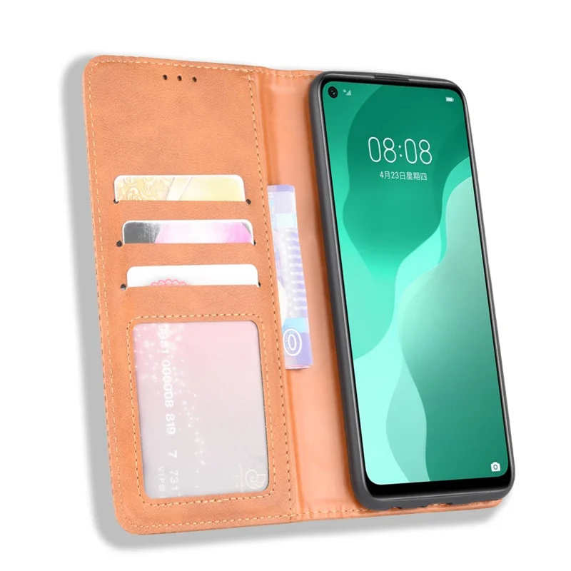 Custodia Protettiva Flip in Pelle Retro Autosimilato per Huawei nova 7 SE/P40 lite 5G - Marrone