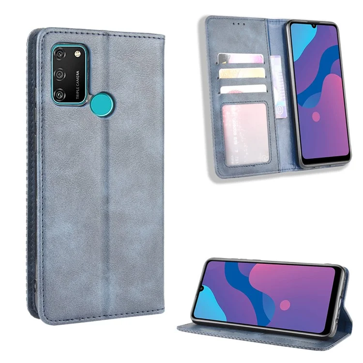 Étui de téléphone portefeuille en cuir de style vintage pour Honor 9A/Play 9A - Bleu