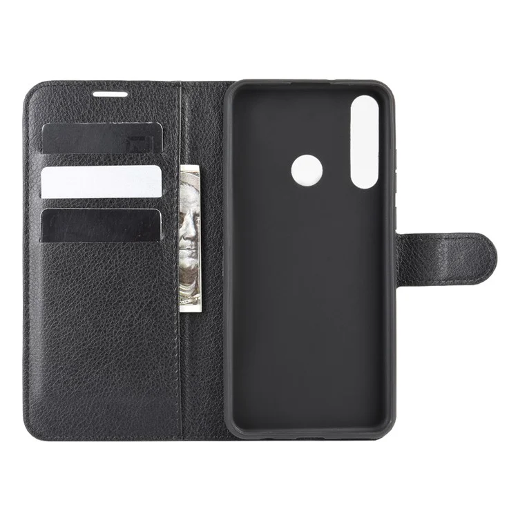 Litchi Skin with Wallet Leather Stand Phone Case for Huawei Y6p - Black