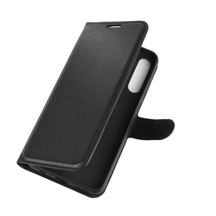 Litchi Skin with Wallet Leather Stand Phone Case for Huawei Y6p - Black