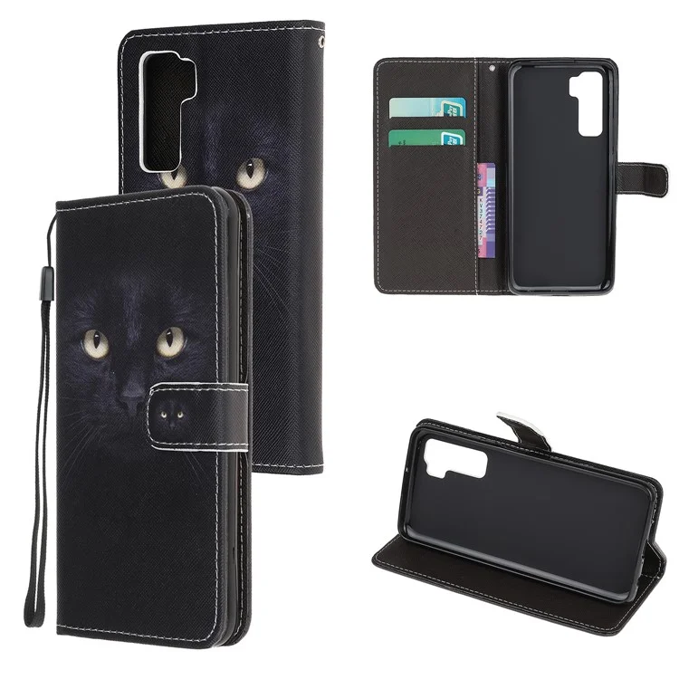 Tecning Printing Texture Cross Pelle Portafoglio Custodia Con Cinturino Per Huawei Nova 7 SE/P40 Lite 5G - Occhi di Gatto
