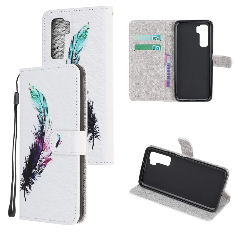 Pattern Printing Cross Texture Leather Wallet Phone Case with Strap for Huawei nova 7 SE / P40 Lite 5G - Feather
