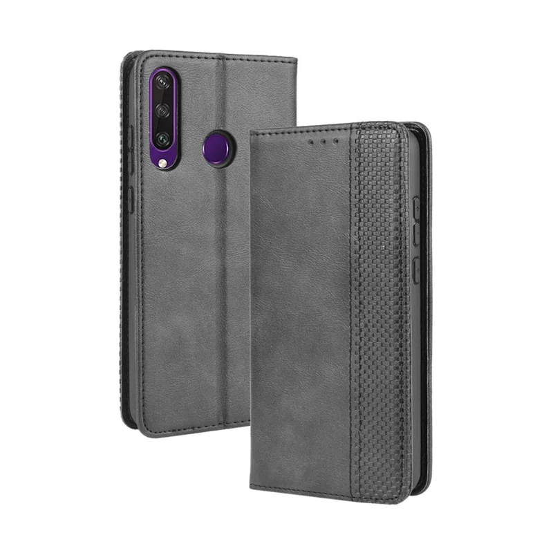 Auto-aangetrokken vintage PU-lederen portemonnee hoes voor Huawei Y6p - Zwart
