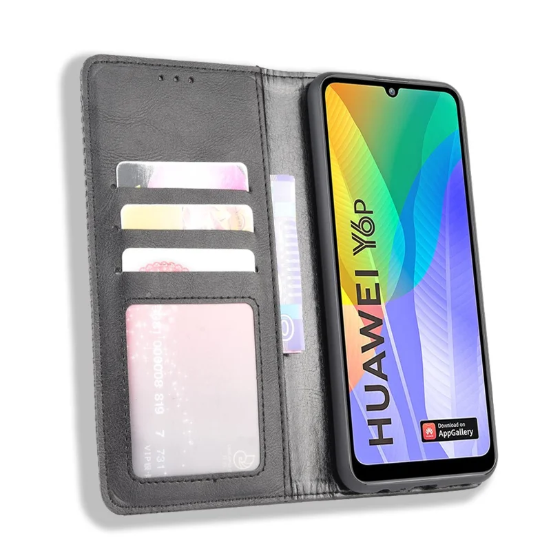 Auto-aangetrokken vintage PU-lederen portemonnee hoes voor Huawei Y6p - Zwart