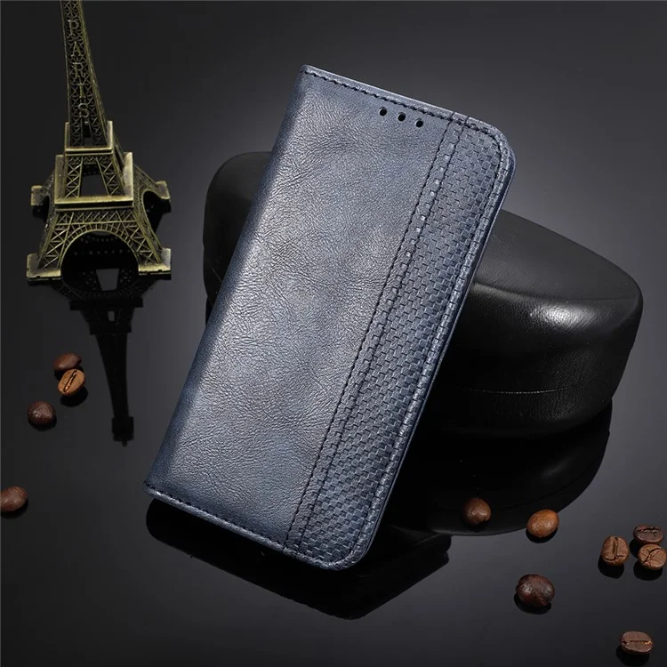 Coperchio di Portafoglio in Pelle PU Vintage Automatico Automatico Per Huawei Y6p - Blu