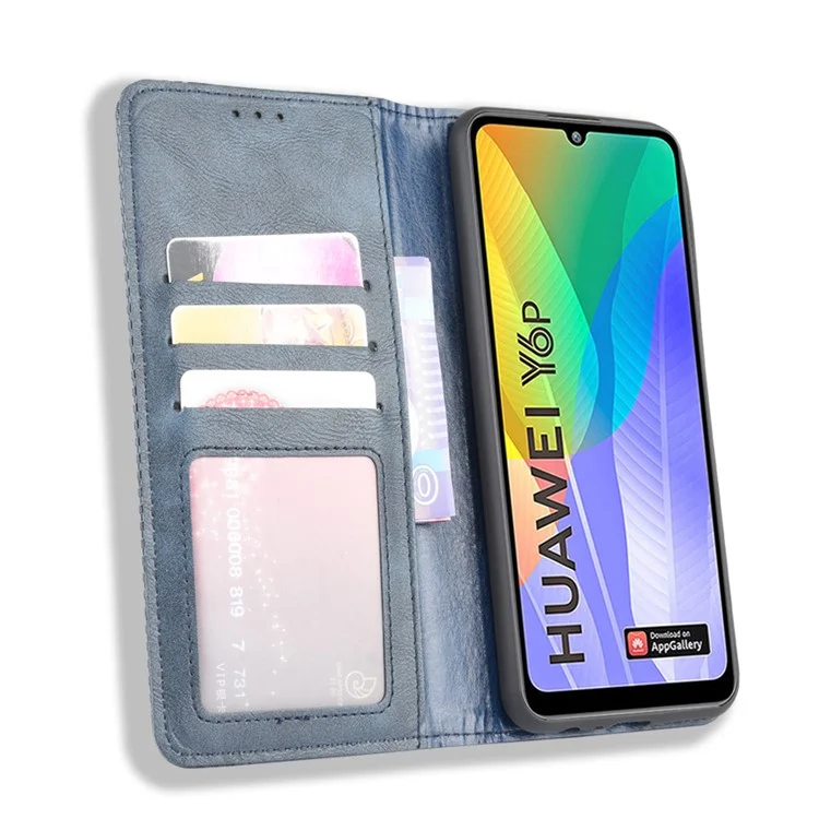 Automatisch Absorbiertes Vintage PU Leder Brieftaschengehäuseabdeckung Für Huawei Y6p - Blau