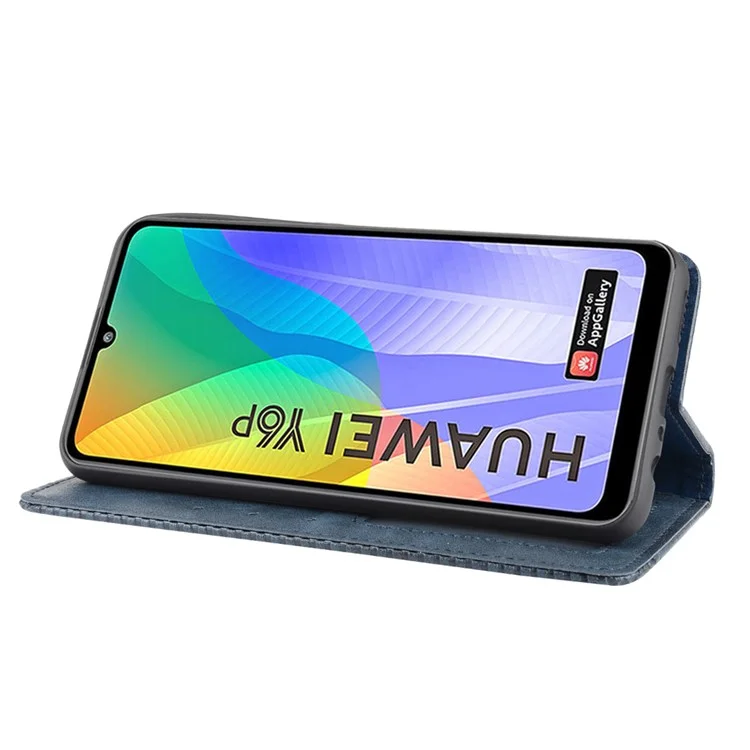 Coperchio di Portafoglio in Pelle PU Vintage Automatico Automatico Per Huawei Y6p - Blu