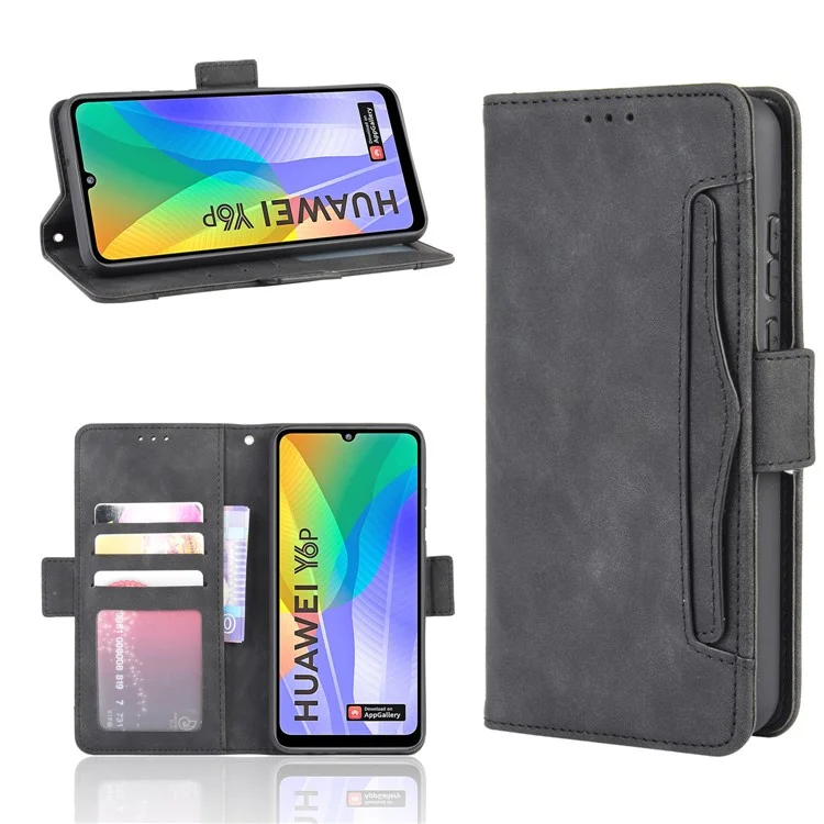 Multiple Card Slots Stand Leather Cell Phone Cover for Huawei Y6p - Black