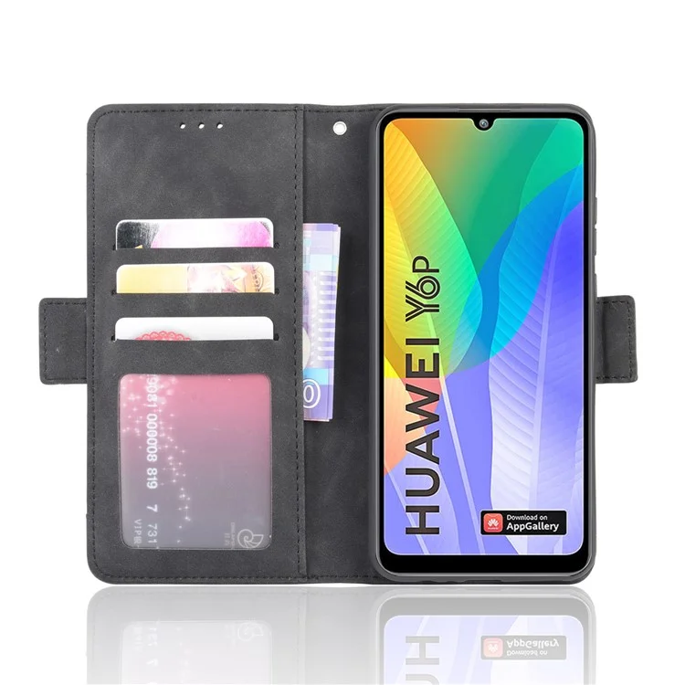 Multiple Card Slots Stand Leather Cell Phone Cover for Huawei Y6p - Black