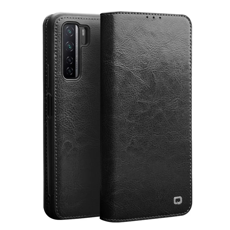 QIALINO Classic Cowhide Leather Case Wallet Phone Cover for Huawei nova 7 SE/P40 Lite 5G - Black