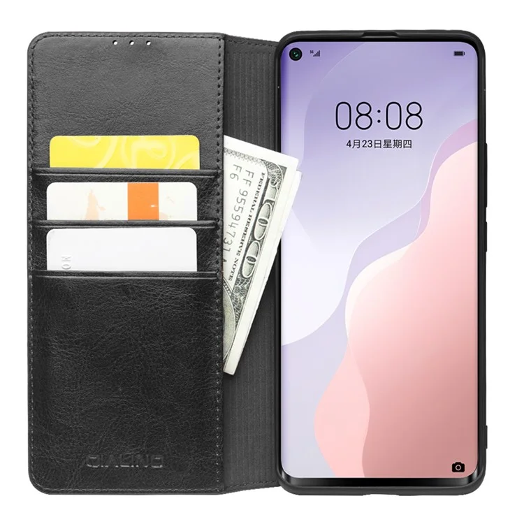 QIALINO Classic Cowhide Leather Case Wallet Phone Cover for Huawei nova 7 SE/P40 Lite 5G - Black