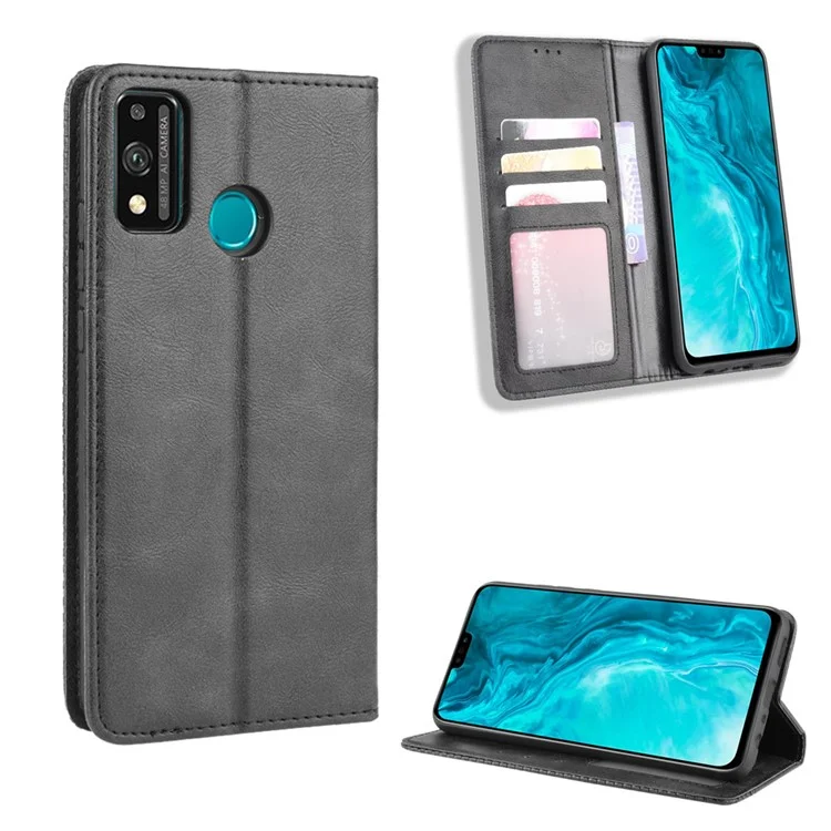 Magnetic Snap Retro Stylish Leather Case with Wallet Stand Phone Shell for Honor 9X Lite - Black