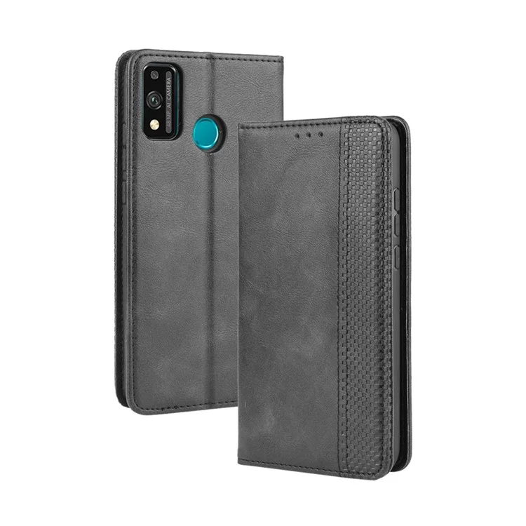 Magnetic Snap Retro Stylish Leather Case with Wallet Stand Phone Shell for Honor 9X Lite - Black