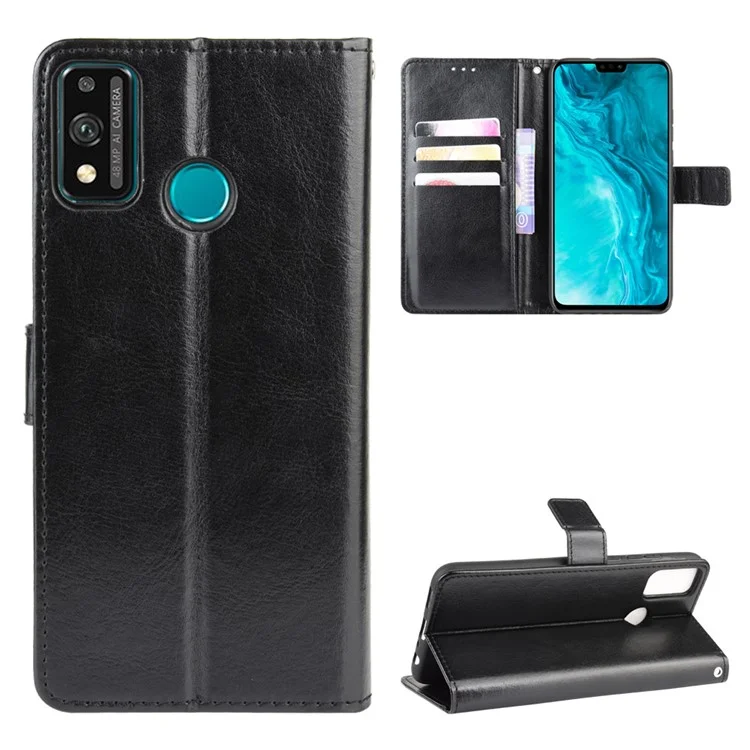 Crazy Horse Split Leather Wallet Phone Cover for Honor 9X Lite - Black