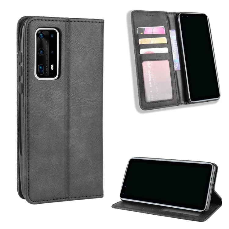 Retro Leather with Wallet Stand Cover for Huawei P40 Pro+ - Black