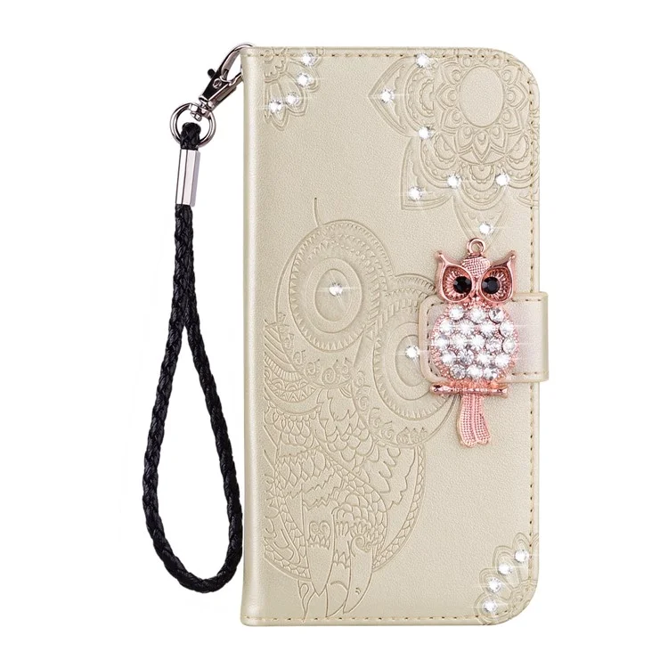 Custodia in pelle per telefono con decorazione in strass a forma di gufo per Huawei Y6p - Oro