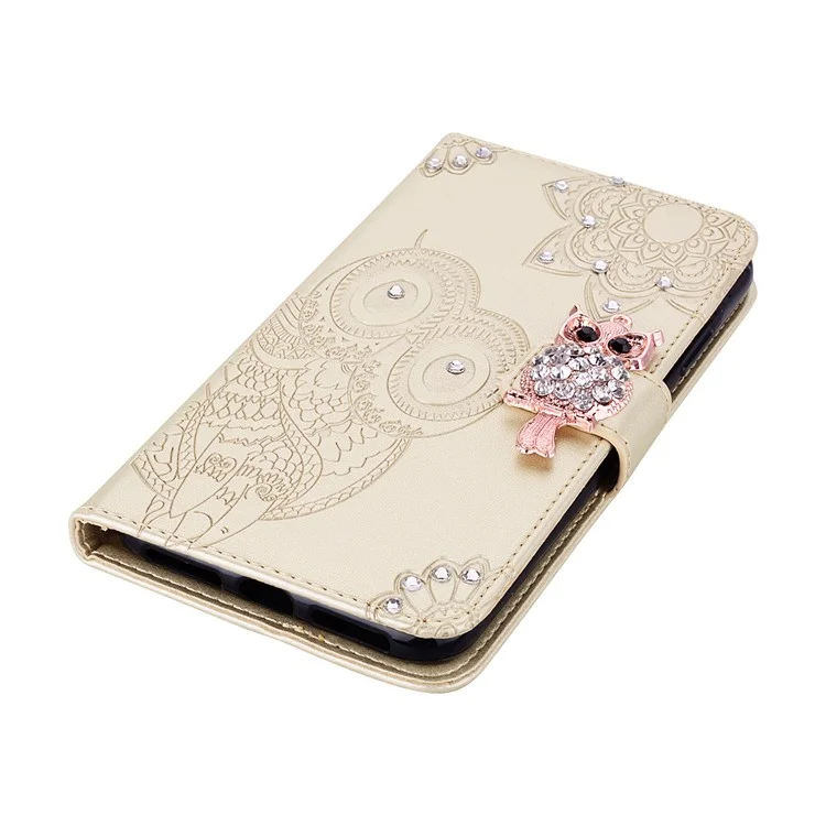 Custodia in pelle per telefono con decorazione in strass a forma di gufo per Huawei Y6p - Oro