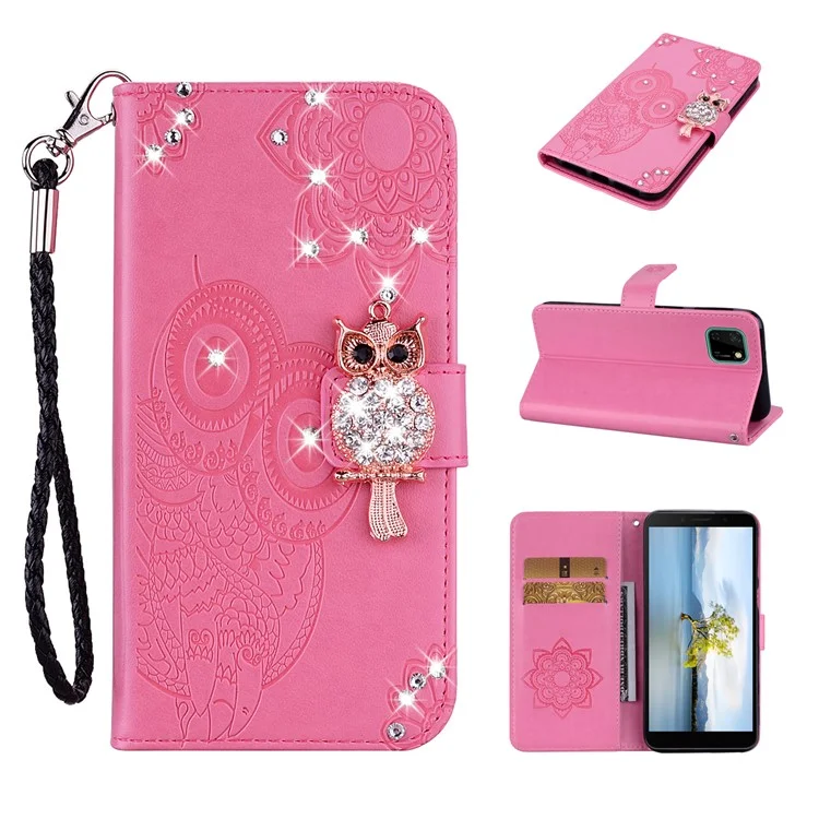 Owl Imprint Rhinestone Decor Leather Phone Cover Case for Huawei Y5p - Rose