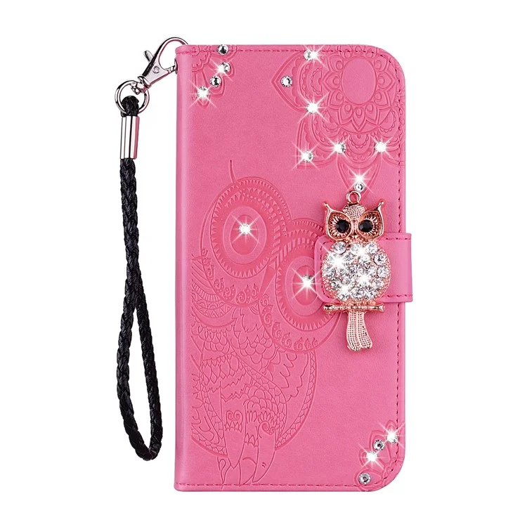 Custodia in pelle per telefono con decorazione a strass a forma di gufo per Huawei Y5p - Rosa
