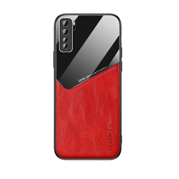 Custodia TPU in Vetro Rivestito in Pelle in Metallo Magnetico Incorporato Per Huawei Nova 7 SE/P40 Lite 5G - Rosso