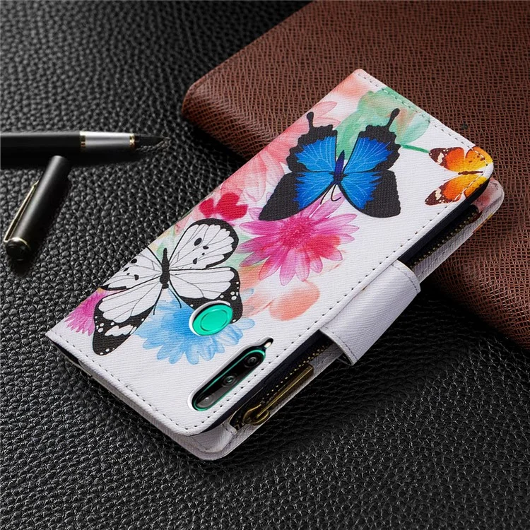 Pattern Printing Leather Stand Mobile Phone Cover with Zipper Wallet for Huawei Y7p/P40 lite E - Butterfly and Flower