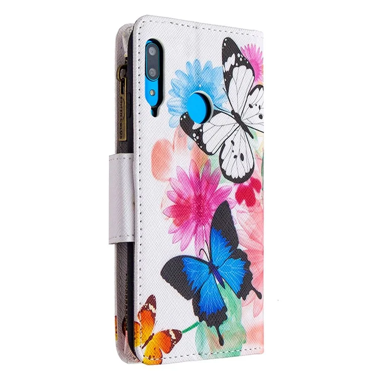 Pattern Printing Leather Stand Mobile Phone Cover with Zipper Wallet for Huawei Y7p/P40 lite E - Butterfly and Flower