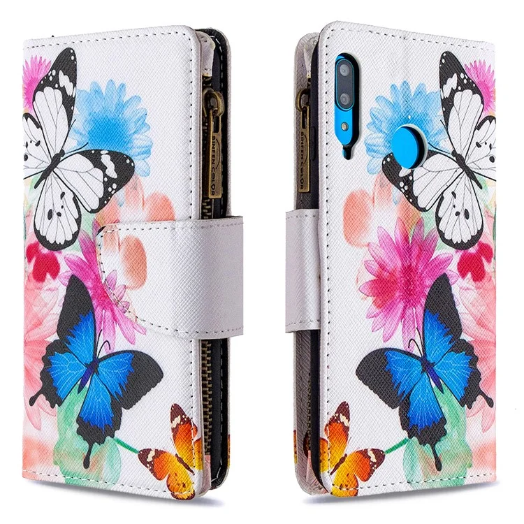 Pattern Printing Leather Stand Mobile Phone Cover with Zipper Wallet for Huawei Y7p/P40 lite E - Butterfly and Flower