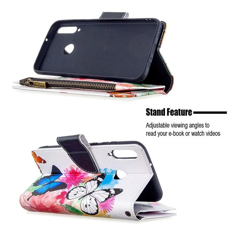 Pattern Printing Leather Stand Mobile Phone Cover with Zipper Wallet for Huawei Y7p/P40 lite E - Butterfly and Flower