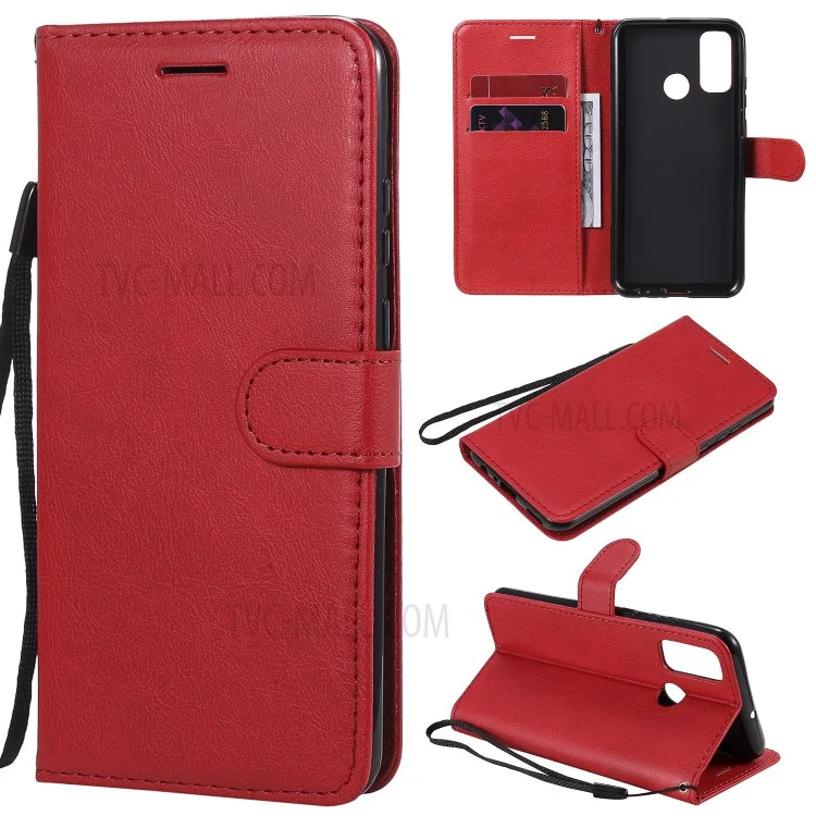 For Huawei P Smart 2020 Case Solid Color Leather Mobile Cover Wallet Stand with Strap - Red