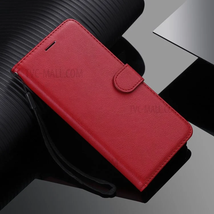 For Huawei P Smart 2020 Case Solid Color Leather Mobile Cover Wallet Stand with Strap - Red